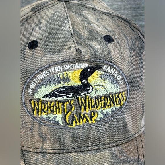 AJM Wrights Wilderness Camp Ontario Canada Camo Adjustable Strap Back Hat OSFA - Picture 5 of 13